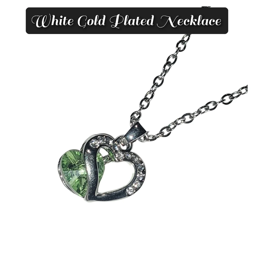 White Gold Plated Green CZ Heart Pendant with Stainless Steel Necklace